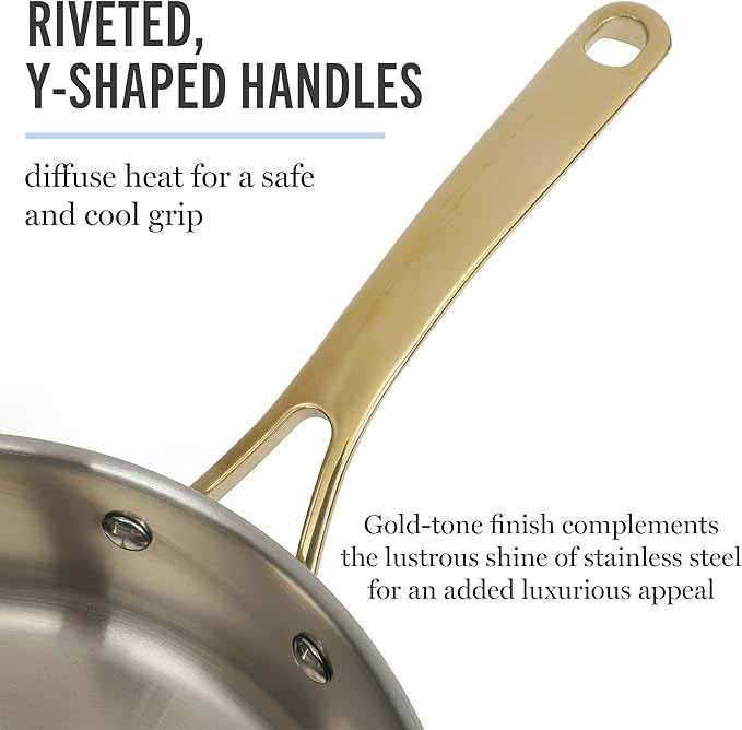 Martha Stewart Castelle 10 Piece 18/8 Durable Stainless Steel Induction Safe Pots and Pans Non-Toxic Kitchen Cookware Set - Gold Handles - Dishwasher Safe