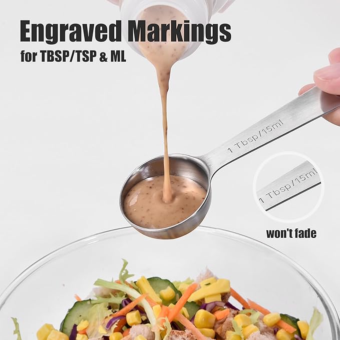 Doosu Measuring Spoons Set of 9-18/8 Stainless Steel Heavy Duty Teaspoons Tablespoons with Engraved Metric & US Measurements, Metal Measure Spoon for Dry and Liquid Ingredients, Dishwasher Safe