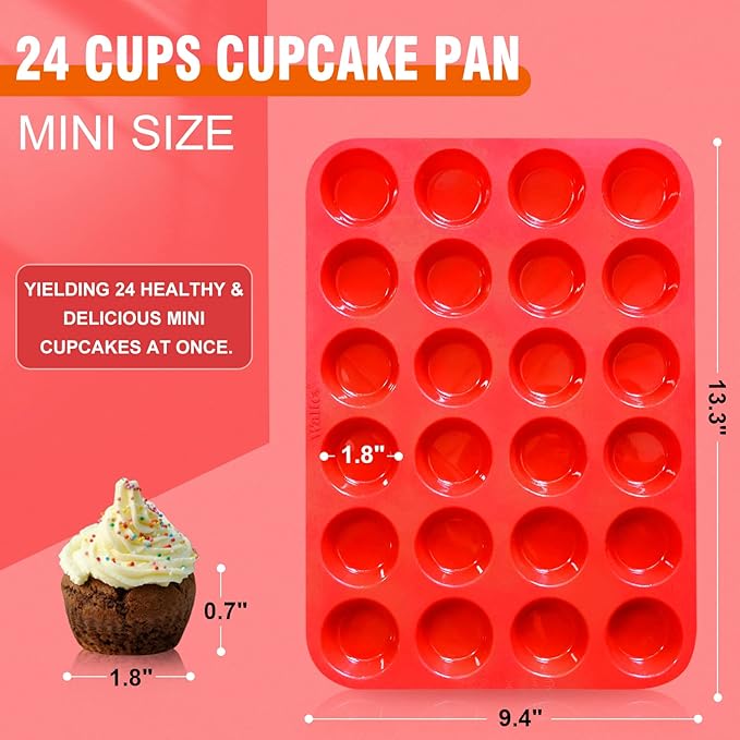Walfos Mini Silicone Muffin Pan - 24 Cups, BPA Free and Dishwasher Safe, Non-stick Silicone Cupcake Baking Pan, Great for Making Muffin Cakes, Tart, Bread