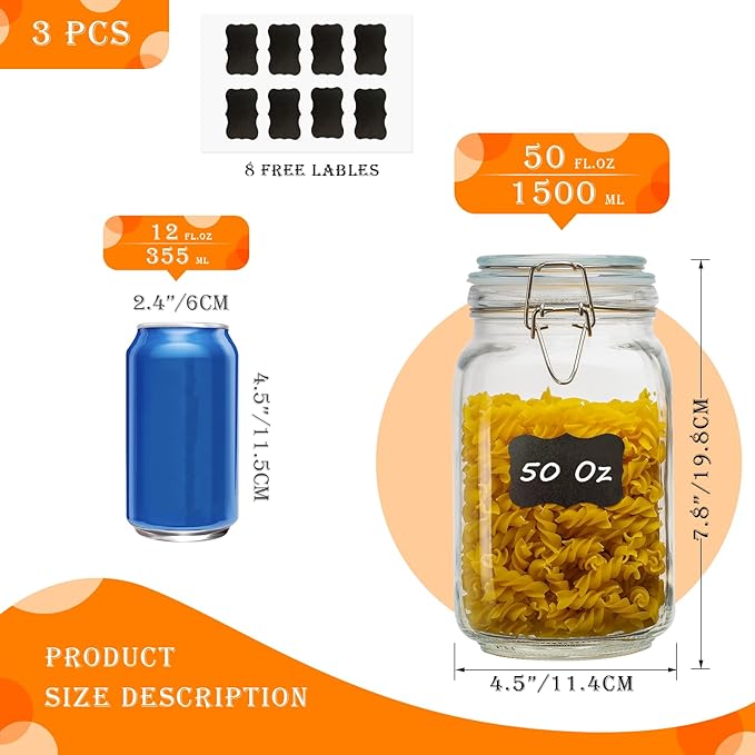 50oz Square Glass Food Storage Jars with Airtight Clamp Lids, 3 Pack Large Kitchen Canisters for Flour, Cereal, Coffee, Pasta and Canning, Mason Jar (Clear 50oz Square - 3 sets)