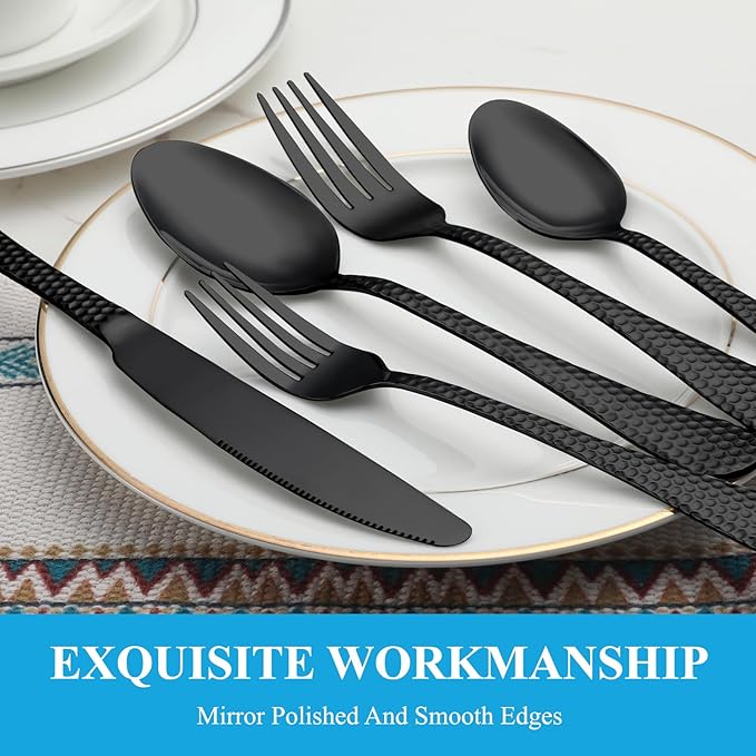 60 Pcs Black Hammered Silverware Set Service for 12,Stainless Steel Flatware Set,Mirror Polished Cutlery Utensil Set,Durable Kitchen Eating Tableware Set,Include Fork Knife Spoon Set,Dishwasher Safe