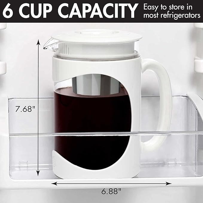 Primula Burke Deluxe Cold Brew Iced Coffee Maker, Comfort Grip Handle, Durable Glass Carafe, Removable Mesh Filter, Perfect 6 Cup Size, Dishwasher Safe, 1.6 qt, White