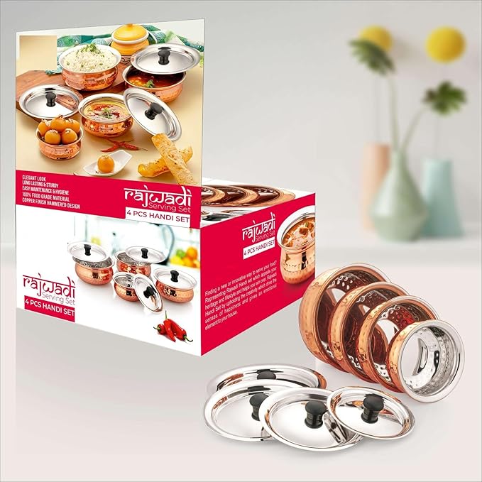 Dynore Stainless Steel Copper Plated Hammered Finish Handi Set with SS lid- Set of 4 for Serving & Cooking