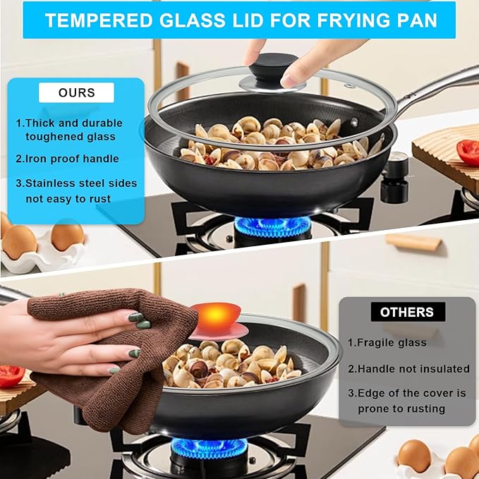 10.25 Inch Glass Lid for Frying Pan Tempered Glass Pot Lid with Stainless Steel Rim for 10.25 Inch Frying Pan Wok Pot Skillet (10.25 Inch)
