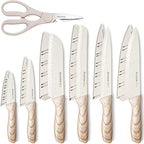 Astercook Knife Set, 13 Pieces Kitchen Knives Set with Ceramic Coating, Stainless Steel Chef Knife Sets with 6 Blade Guards, Dishwasher Safe Knives with Wooden Handle, White