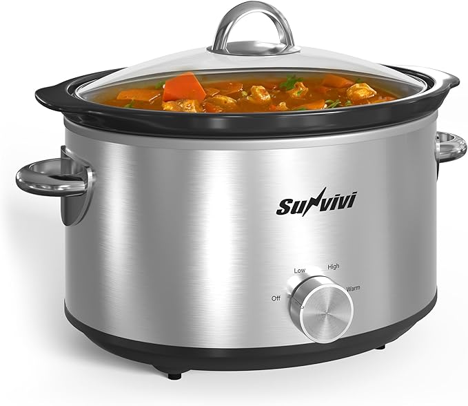 Sunvivi Small Slow Cooker 4QT, Mini Food Warmer with 3 Heating Settings, Removable Ceramic Pot, Dishwasher Safe Glass Lid, Stainless Steel, Silver