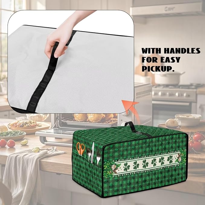 Shamrock Gnome Dog Print Toaster Oven Cover for St. Patrick's Day Decor, Checkered Pattern Microwave Cover for Kitchen Countertop Appliance Dust Protector Oven Accessories, Green, L