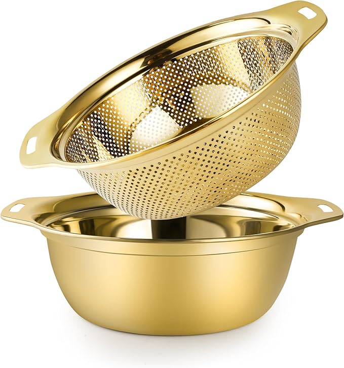 Colander 304 Stainless Steel 5-quart with Mixing Bowls, Strainer for Kitchen Food For washing vegetables, fruit, rice, Dishwasher Safe. (Gold 2PC)