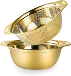 Colander 304 Stainless Steel 4-quart with Mixing Bowls, Strainer for Kitchen Food For washing vegetables, fruit, rice, Dishwasher Safe. (Gold 2PC)