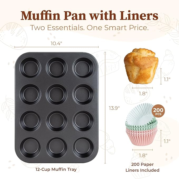 CARTMAN 1 Muffin Pan with 200 Cupcake Liners, Nonstick 12-Cup Muffin Tin, Carbon Steel Cupcake Pan for Baking Muffins, Egg Bites, Brownies & More