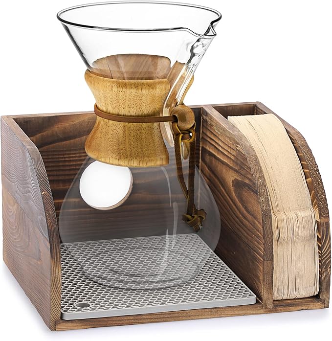 ELLDOO Vintage Wood Coffee Organizer Stand, Compatible with Chemex Coffee Makers, Holds Coffee Maker and Coffee Paper Filters, Fits Collar and Handle Carafes, with Grey Silicone Dripper Mat
