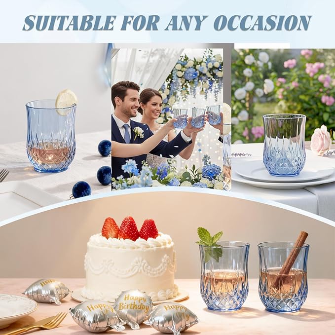 24 Pack Plastic Stemless Wine Glasses,12oz Unbreakable Vintage Elegant Drinking Glass Set,Reusable Fancy Cocktail Cups for Party, Wedding, and Bulk Events (24, 12oz-Blue)