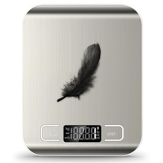 Food Scale, 11lb Kitchen Scale with 6 Units Tare Function & LCD Display, 0.05oz/1g Stainless Steel Digital Food Scale Grams and Ounces for Baking, Cooking, Dieting and Meal Prep (Batteries Included)