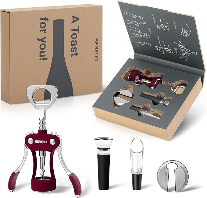 Beneno Multifunctional Wine Bottle Opener Gift Set - Wing Corkscrew, Foil Cutter, Vacuum Stopper & Aerator Pourer, Perfect for Wine Lovers Man Woman, Purple Set