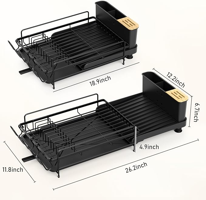 Large Dish Drying Rack, Multifunctional Dish Rack for Kitchen Counter, Expandable Dish Drainers with Drainboard Utensil Holder, Cup Holder, Black