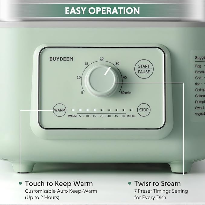 BUYDEEM G52 5.3 Quart Electric Food Steamer for 2-4 Servings, Vegetable Steamer for Cooking, 2-hour Keep Warm, 7 Preset Timings, Dual Boil-Dry Protection, Stainless Steel, Cozy Greenish