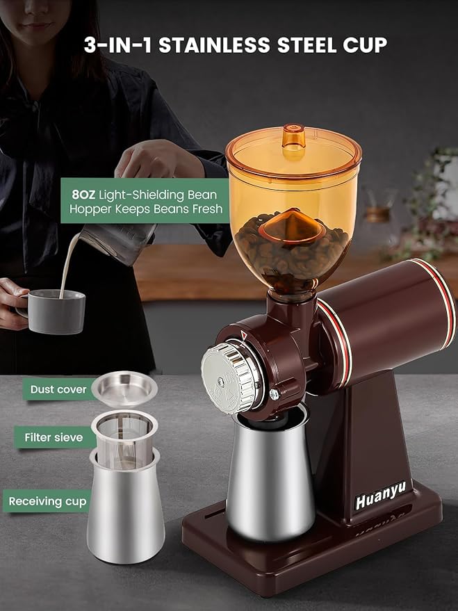 Huanyu Stainless Steel Coffee Grinder Electric with 8 Grinding Settings Flat Burr Coffee Grinder Adjustable Burr Coffee Grinders for Home Use Red
