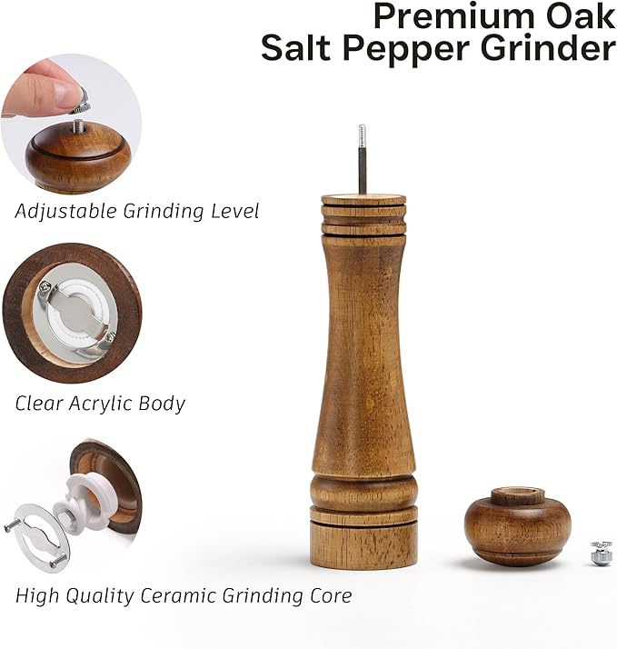 Wood Salt and Pepper Grinder, Salt Grinder and Pepper Mill, Oak Wood Shakers with Adjustable Ceramic Grinders - 10 inches, 1 Pack