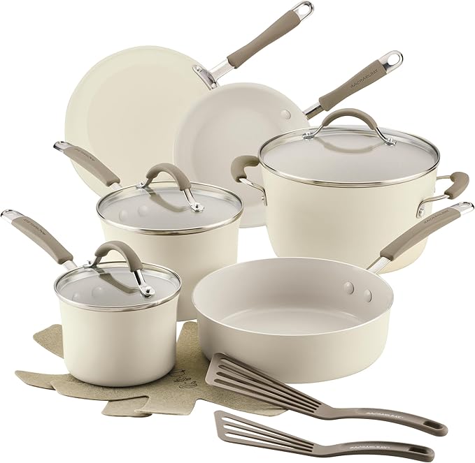 Rachael Ray Cucina Ceramic Cookware Set - 13 Pieces - Ceramic Pots and Pans Set w/Nonstick Frying Pans, Saute Pan, Saucepans, Stockpot, Lids, Pan Protectors & Cooking Utensils - Almond