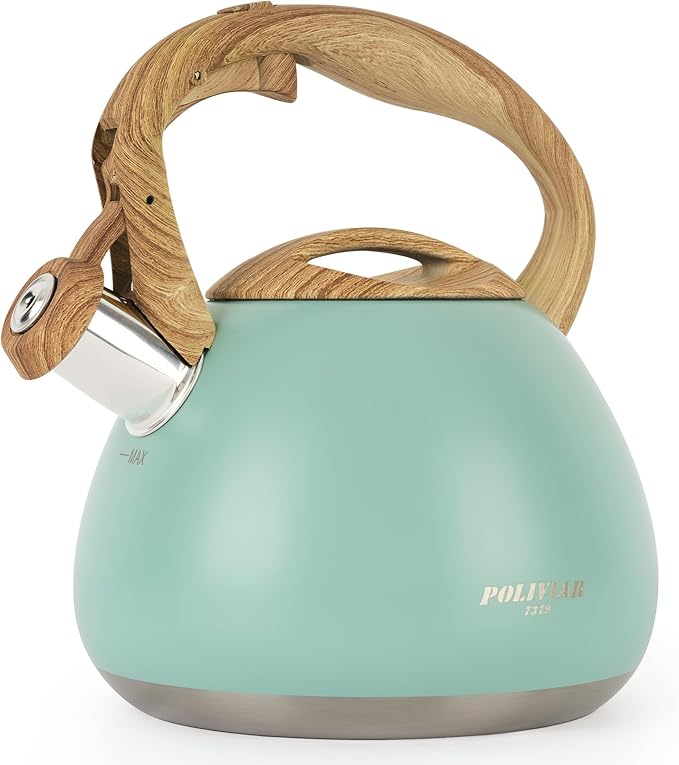 POLIVIAR Tea Kettle, 2.7 Quart Blue Finish with Wood Pattern Handle Loud Whistle Food Grade Stainless Steel Teapot, Anti-Hot Handle and Anti-Rust, Suitable for All Heat Sources JX2025-TB30