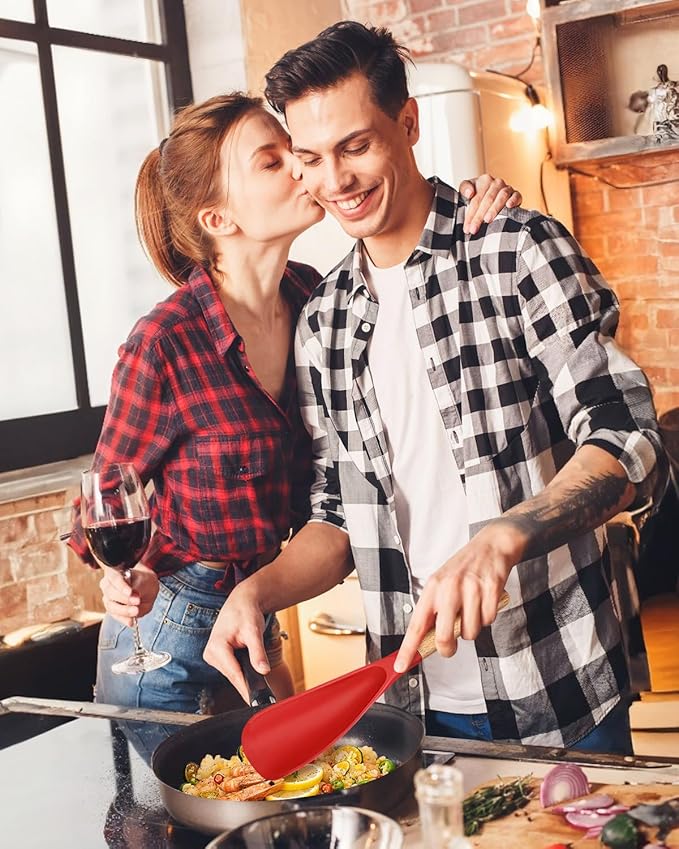 Cooking Spoon for Nonstick Cookwares, Great for Cooking and Serving Sturdy BPA-Free Matte Silicone, Wood Handle Spoon for Mixing, Scoop, and Scrape (2 Pack of Red, 11.4 inch)