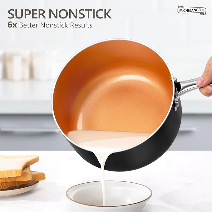 MICHELANGELO 4 Quart Saucepan with Lid - Ultra Nonstick Sauce Pan with Ceramic Coating, 4 Qt Non Stick Pot Induction Compatible, Copper