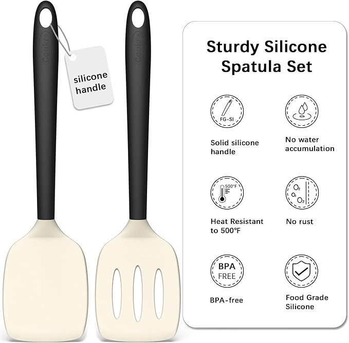 Coukre 2 Pack Silicone Spatula Set, High Heat Resistant, BPA Free Kitchen Spatula, Solid & Slotted Turner for Non-Stick Pans, Sautéing, and Flipping (2, Beige)