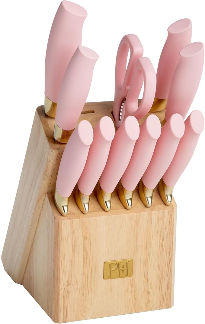 Paris Hilton 12-Piece Knife Set with Block, High-Carbon Stainless Steel Cutlery, Precision Blades and Ergonomic Handles, Pink