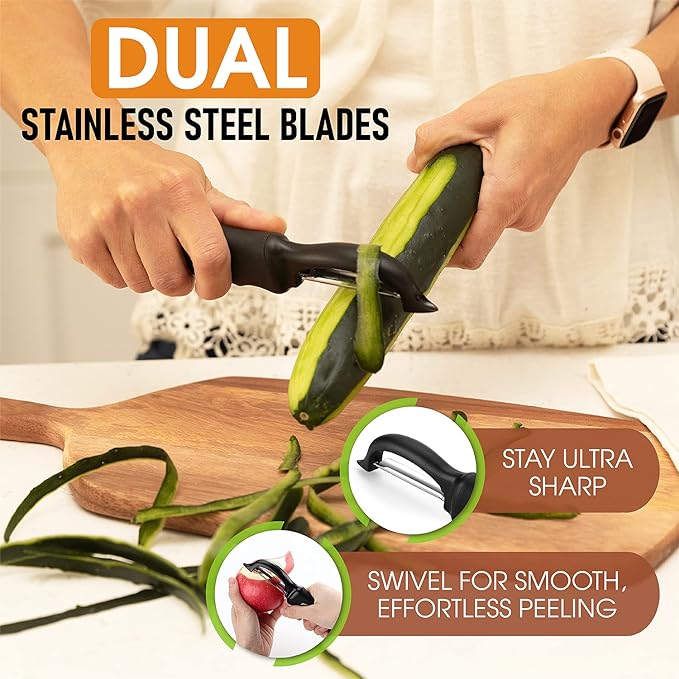Spring Chef Professional Box Grater, Large & Premium Swivel Vegetable Peeler, Black - 2 Product Bundle