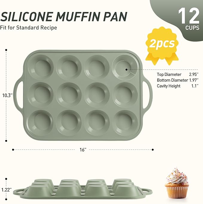 2 Packs 12 Cups Silicone Muffin Pan with Metal Reinforced Frame Regular Size Cupcake Pan Tray Egg Bites Silicone Circle Cookie Molds Muffin Tin Tart Pans Baking Sheet Set for Breakfast Sandwiches