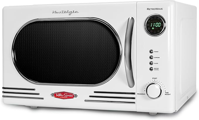 Nostalgia Retro Countertop Microwave Oven - 1.1 Cu Ft & 1000 Watt Power- Easy to Clean with Removable Glass Turntable - Child Safety Lock - 12 Programs - Digital Clock - White
