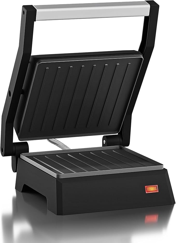 Elite Gourmet EPN160 5.5 x 5.3" Multifunctional, Compact Electric Panini Press, Contact Grill, 180° Flat Grill, Lightweight, Floating Top-plate, Cool-touch Handle Non-Stick Surface, Black
