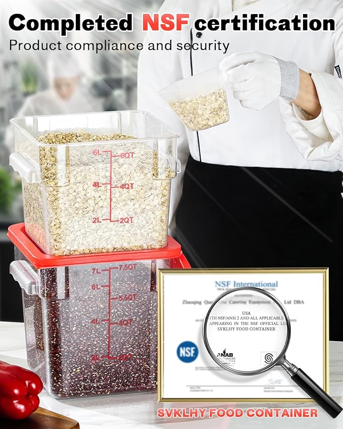 4QT NSF Food Storage Containers: 8 PCS [Food Grade][Hot&Cold Resistant] Commercial Clear Food Storage Containers with Lids for Restaurant Kitchen Proof Dough, Measuring Spoons Included(BPA FREE)