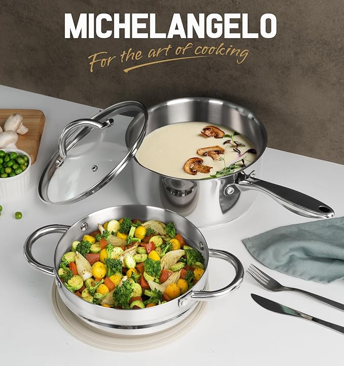 MICHELANGELO Stainless Steel Saucepan with Lid & Steamer, 3 Quart Sauce Pan with Lid, Steamer Pot with Pour Spout, 3 Qt Stainless Steel Pot, Induction Compatible, Oven Safe
