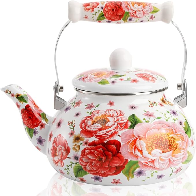 DEAYOU 2.6 Quart Enamel Tea Kettle Stovetop, Large Porcelain Enameled Teakettle, 2.5L Vintage Tea Pot with Ceramic Cool Handle, Colorful Floral Steel Teapot for Hot Water, Retro Decor, No Whistling