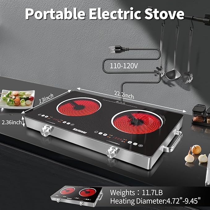 Karinear 2 Burner Electric Cooktop 110V, Portable Electric Stove with Handle, Knob Control Electri Hot Plate, Ceramic Countertop Burner, Timer, Safety Lock, 9 Power Level, 2000W, 24 inch(White)