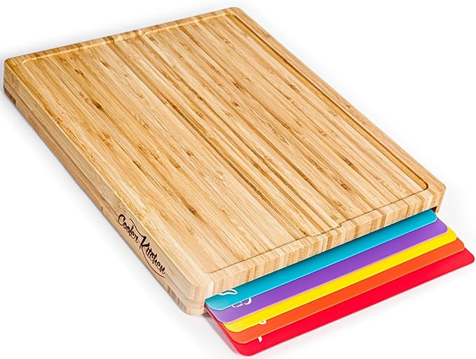 Cooler Kitchen Bamboo Cutting Board Set with 6 Color Coded Flexible Plastic Mats with Food Icons, Labeled Cutting Boards for Kitchen with Holder - BPA-Free Wooden, Dishwasher Safe, Large