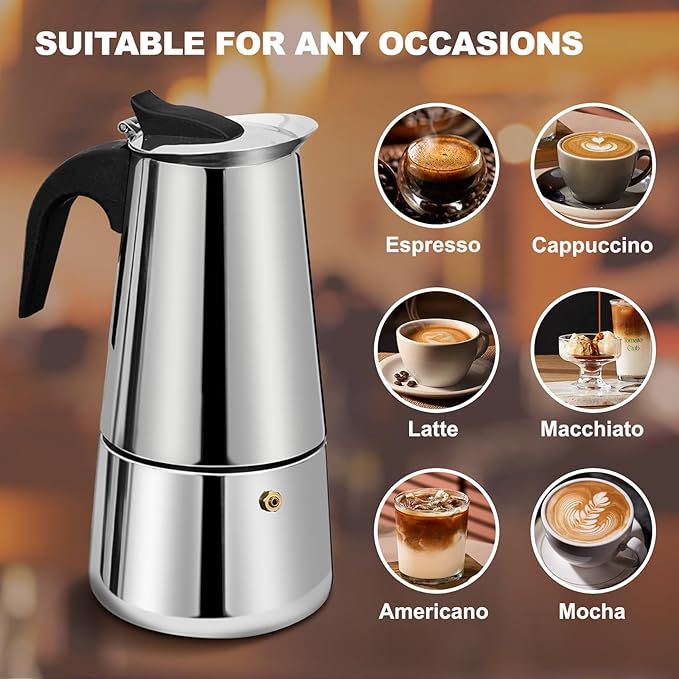 4 Cup Stovetop Espresso Maker Stainless Steel Moka Pot Stove Top Percolator Italian Coffee Makers Capable Mocha Greca Machine Cafe Classic Induction Cookers for Home and Camping 200ml 6.6oz