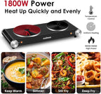 Cusimax Hot Plate for Cooking 1800W Portable Electric Double Burner Countertop Cooktop Cast Iron Stove Heating Plate with 7 Power Levels Adjustable Temp Control, Compatible for All Cookwares