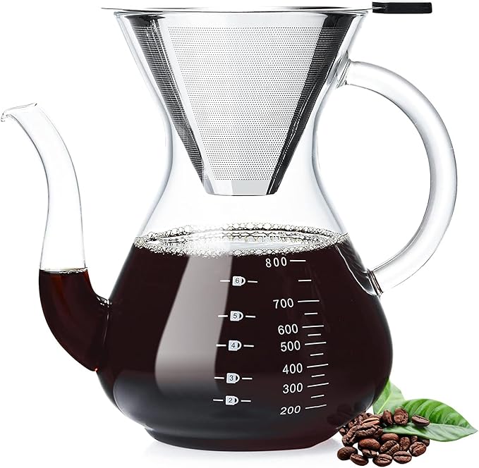 Unbreakable - Pour Over Coffee Maker with Double Stainless Filter 27 fl oz, Thickened Heat-Resistant Borosilicate Glass Pour Over Coffee Dripper, Stovetop Safe