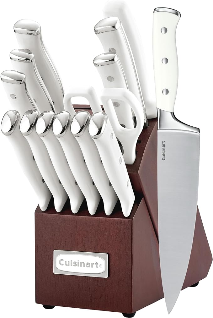 Cuisinart 15-Piece Knife Set with Block, High Carbon Stainless Steel, Forged Triple Rivet, White/Cherry C77WTR-15PCW