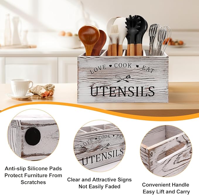 Rustic White Wooden Utensil Holder for Kitchen Counter Decor Extra Large Utensil Crock Organizer Silverware Caddy Farmhouse Wood Cutlery Holder Cooking Utensil Stand Storage kitchen Tools Holder
