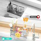 HapiRm Sponge Holder for Kitchen Sink - Self-draining Sink Caddy with Smiley Face and Brush Holder, Stainless Steel Kitchen Organizer for Countertop - Silver