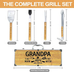 Grandpa Gifts from Grandkids Fathers Day, Grandpa Gift Heavy Duty Wooden BBQ Grilling Accessories Kit for Backyard, Thick Stainless Steel Grill Utensils with Non-Slip Handle Tools in Portable Bag