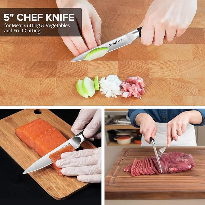 MOSFiATA 5” Chef Knife and 3.5" Fruit Knife Set with Knife Sheath, German High Carbon Stainless Steel EN.4116 with Micarta Handle and Gift Box for Vegetable and Fruit Cutting