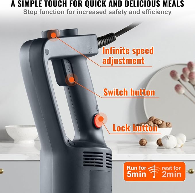 VEVOR Commercial Immersion Blender, 750W 12" Heavy Duty Hand Mixer, Variable Speed Kitchen Stick Mixer with 304 Stainless Steel Blade, Multi-Purpose Blender for Soup, Smoothie, Puree, Baby Food