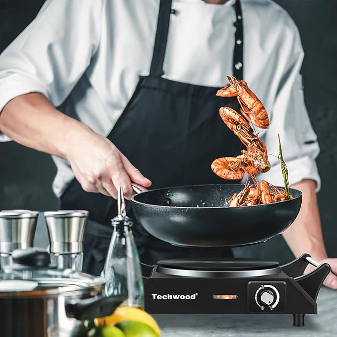 Hot Plate, Techwood Electric Stove for Cooking, 1500W Countertop Single Burner with Adjustable Temperature and Handles, 7.3” Cooktop for RV/Home/Camp, Compatible for All Cookwares Black