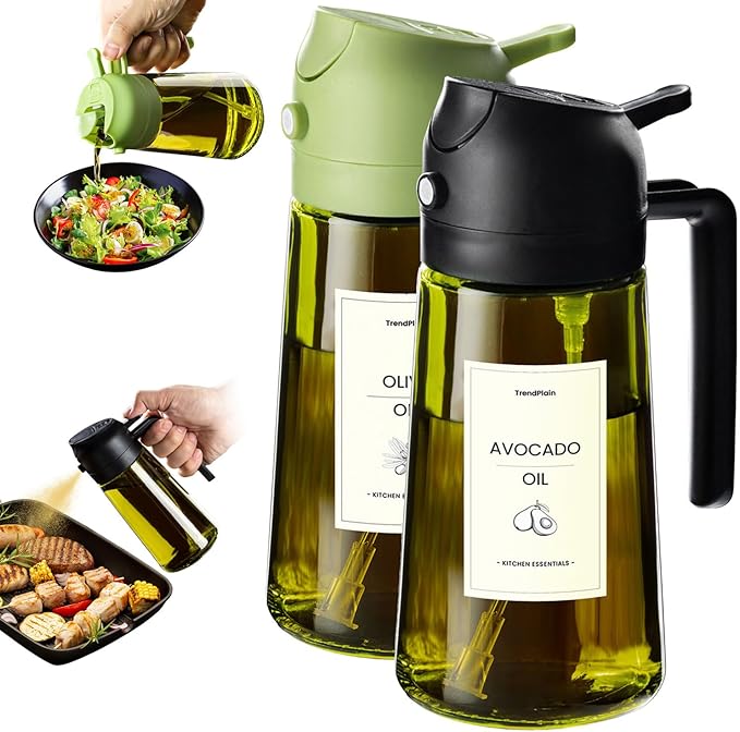 TrendPlain - Original 16oz/470ml Olive Oil Dispenser Bottle for Kitchen Gadgets and Air Fryer Accessories - Olive Oil Sprayer for Cooking w/Stickers - Black&Green