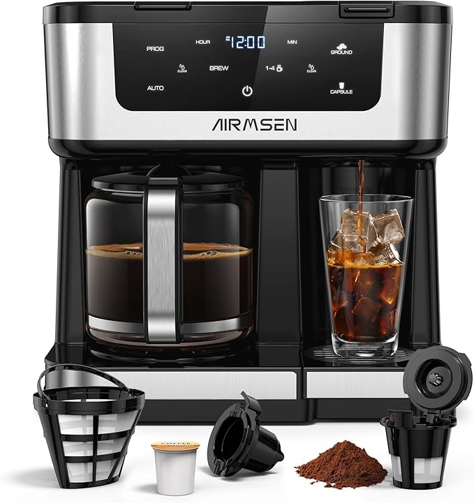 AIRMSEN 12-Cup Programmable Dual Coffee Maker – Single Serve Machine for K-Cup Pods & Ground, 1000W Fast Brew, Delay Start, 2H Keep Warm, Touchscreen, 60oz Tank, Glass Carafe – Home & Office
