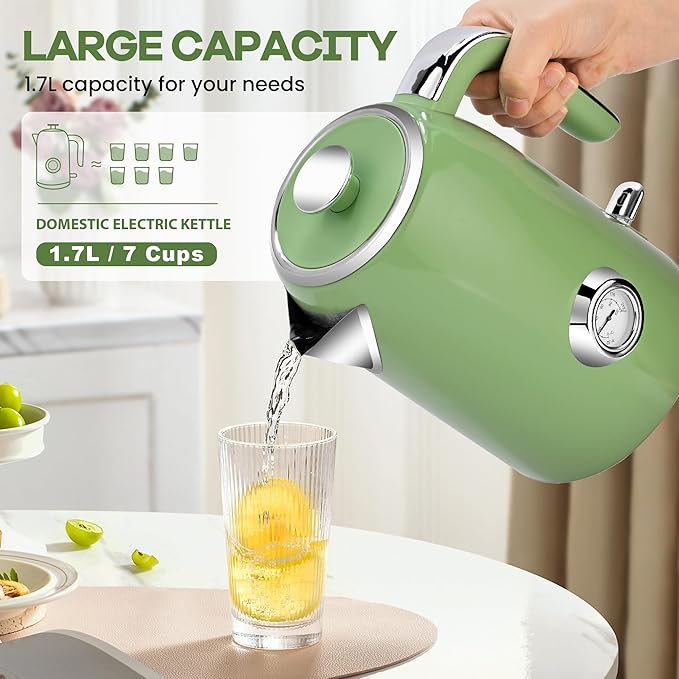 Pukomc Electric Kettle,1.7L Stainless Steel Electric tea kettle with Temperature Gauge, Fast Boiling, Auto Shut - off, BPA - Free, Boil - Dry Protection, (Retro Green)